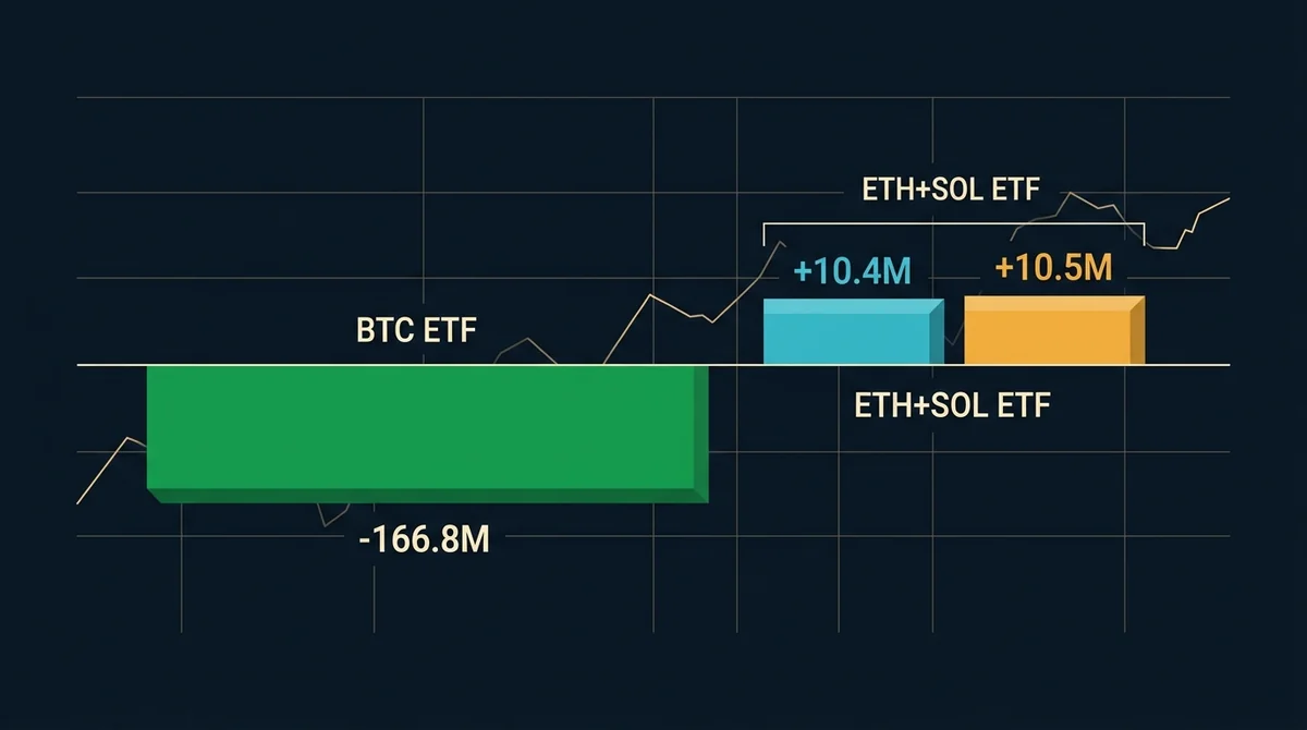 现货比特币ETF本周累计净流出1.668亿美元与以太坊、Solana ETF净流入对比柱状图