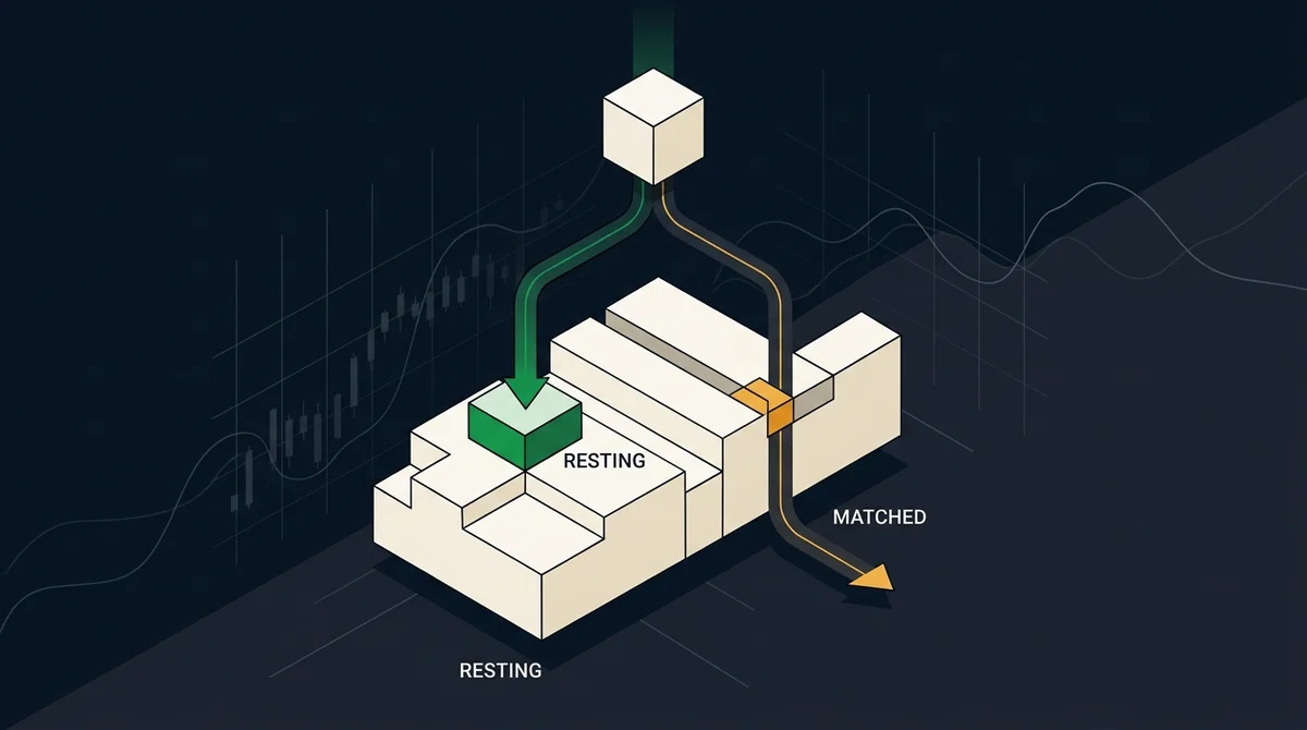 Maker 判断逻辑示意图，以抽象订单簿为中心，将限价订单分为留在委托簿与立即撮合两条路径，分别使用“RESTING”和“MATCHED”两个英文标签，强调限价单不能直接等同于 Maker，不展示费率数字或平台界面。