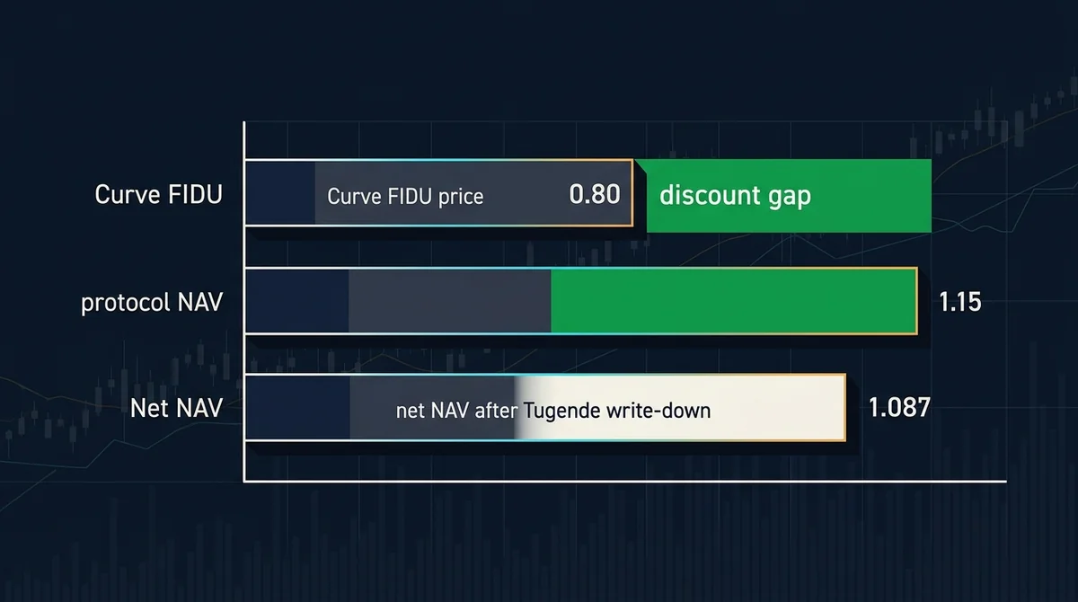 对比 Goldfinch FIDU 在 Curve 池价格、协议份额价格 NAV 与 Tugende 违约减记后净 NAV 的横向柱状图,绿色高光标出约 26% 折价空间