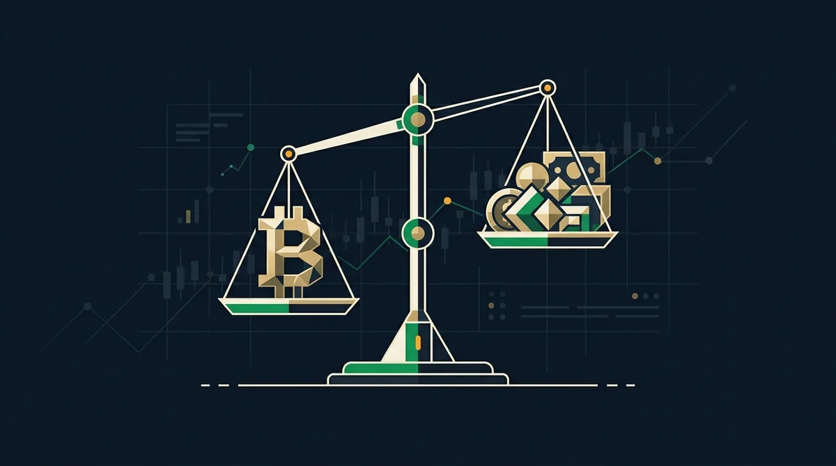 深海军蓝财经编辑封面：抽象天平或资产符号构图，黄金与比特币的克制视觉隐喻，单一主焦点，保留约30%干净负空间，不含任何文字、字母、数字、Logo或人脸