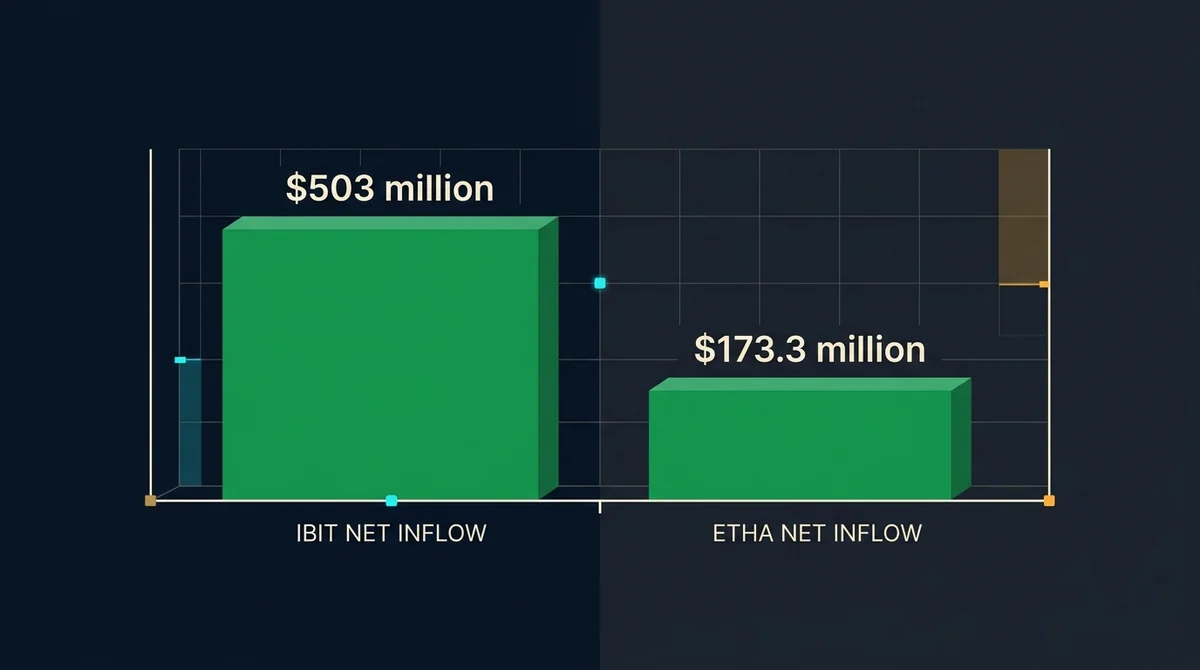 2026年8月20日现货比特币ETF IBIT与以太坊ETF ETHA净流入对比柱状图,两柱标注具体美元金额,深色编辑风格,绿色高光