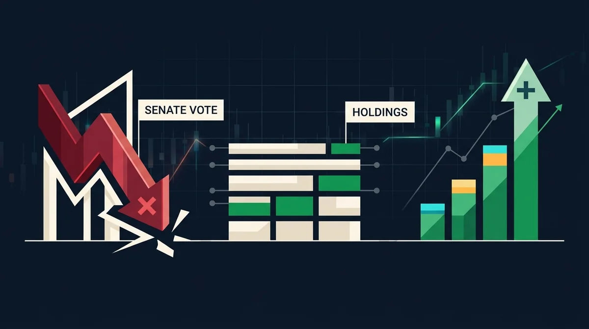 总结性信息图：用三个图形模块分别表示CLARITY法案未过、Strategy持仓不变、Strive增持，仅使用极少量英文短标签，图形关系清晰