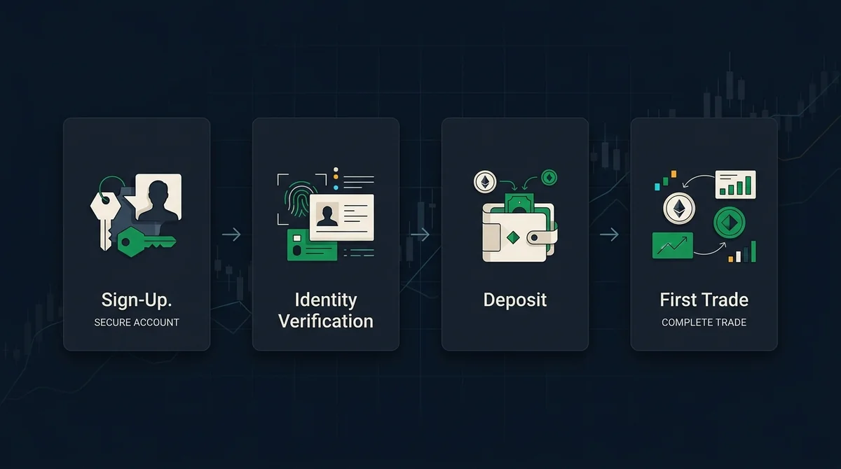 移动端新手教程流程示意图：抽象暗色手机界面展示注册、KYC、充值、首笔交易四个步骤的简化图形，箭头高亮关键操作区，仅保留两个英文短标签，不使用真实界面、Logo 或中文