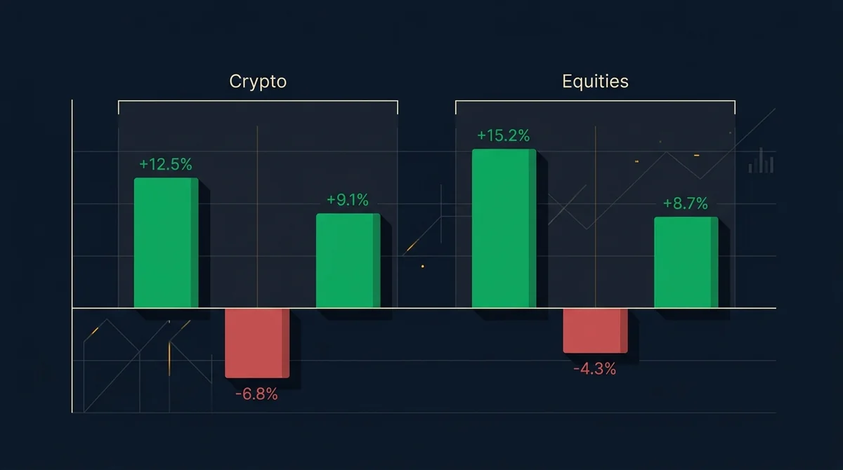 综合数据对比图:加密资产24小时涨跌(BTC、ETH、XRP)与加密股早盘涨幅(Coinbase、Strategy、Robinhood)分组柱状图,正值绿色、负值红色,数值标注在柱顶
