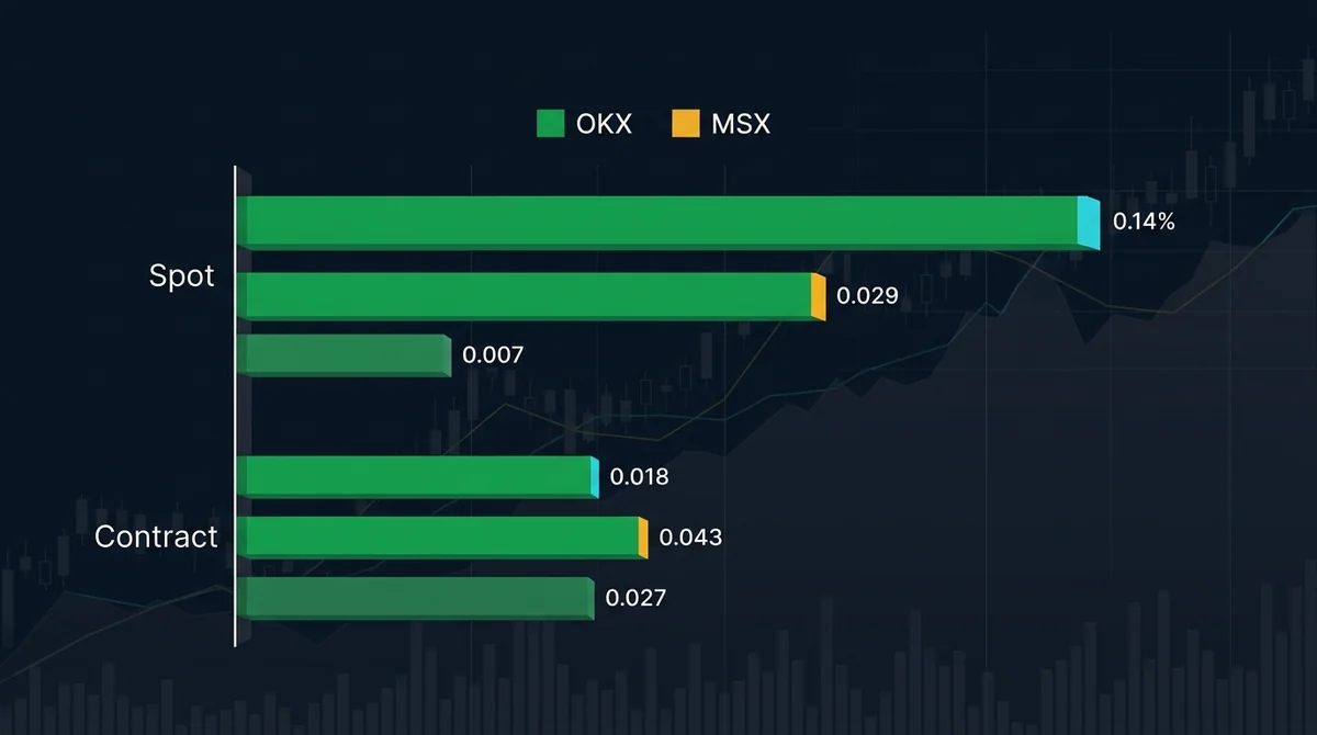 OKX 与 MSX 已核验费率横向柱状对比图,分现货与合约场景,仅标注已核验数字,使用英文短标签 OKX 和 MSX,深色财经编辑风格