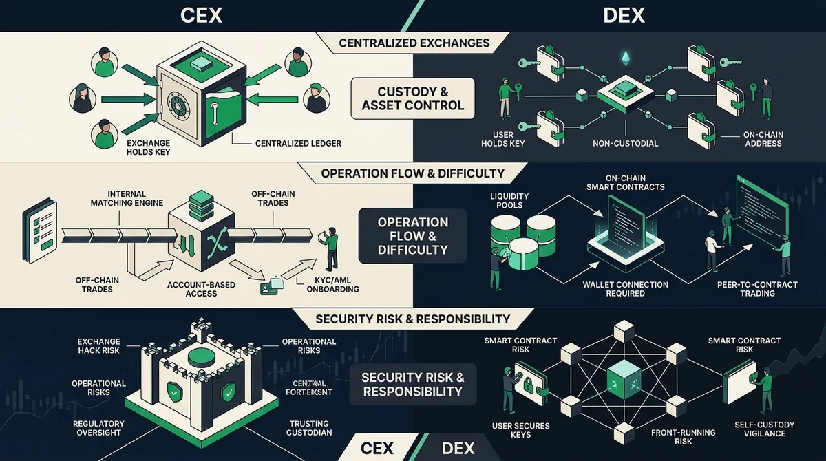 CEX与DEX关键维度对比信息图：用三个简洁的图形模块展示托管与资产控制、操作流程与上手难度、安全风险与责任边界，使用少量英文短标签CEX和DEX，无具体数字，无中文，保留干净负空间