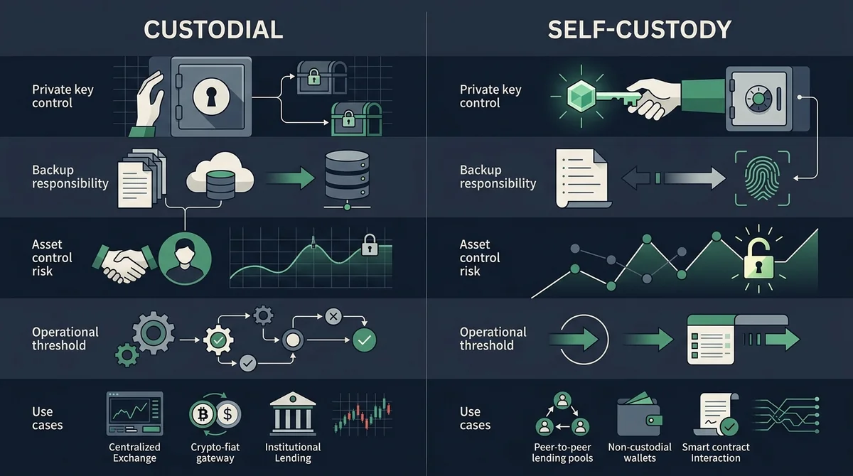 五个关键维度的定性对比示意图,左右两栏分别标注英文短标签 Custodial 和 Self-custody,维度用图标和几何图形表示,不显示具体数字或中文