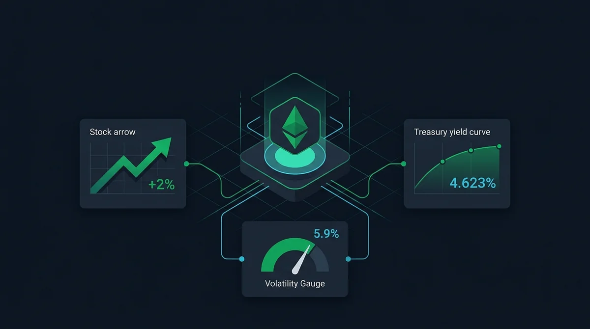 数据一分钟关键数据信息图:以视觉节点连接三个短标签——Nvidia +2%终结七连跌、隐含波动率5.9%、10年期美债收益率4.623%,深色编辑风格,绿色和青色高光,最多三个英文短标签