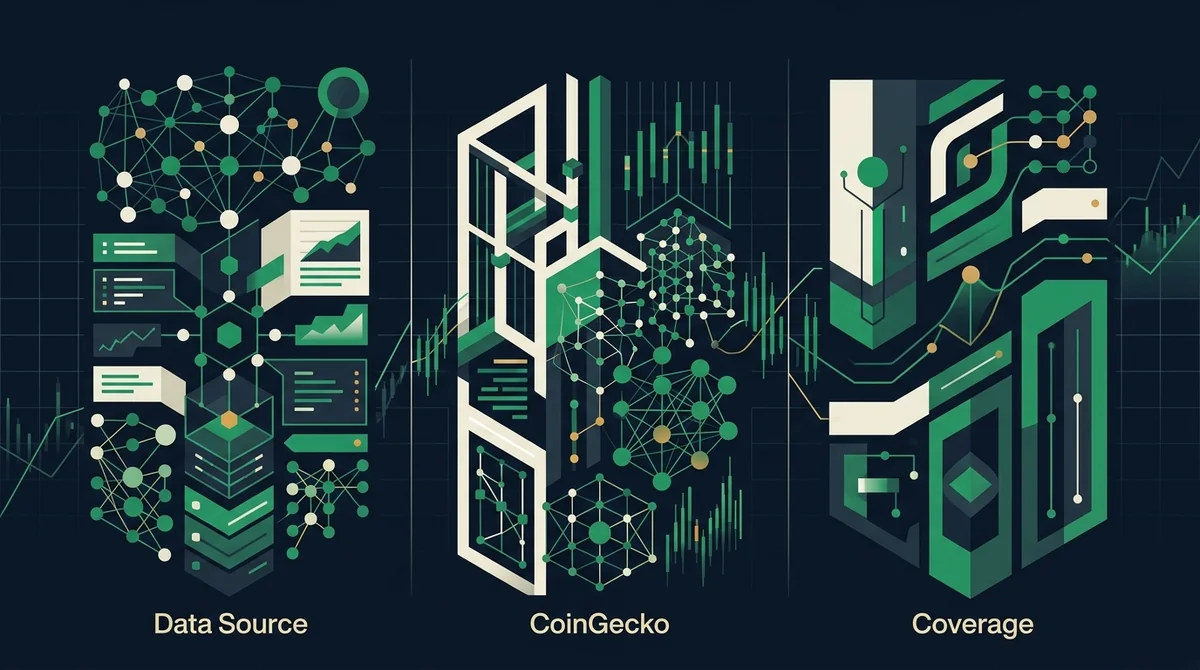 三列无数字抽象对比图，分别用不同图形密度和颜色表示 CoinMarketCap、CoinGecko、OKX 三个核验维度，只使用两个英文短标签：Data Source 和 Coverage，不出现任何具体数字