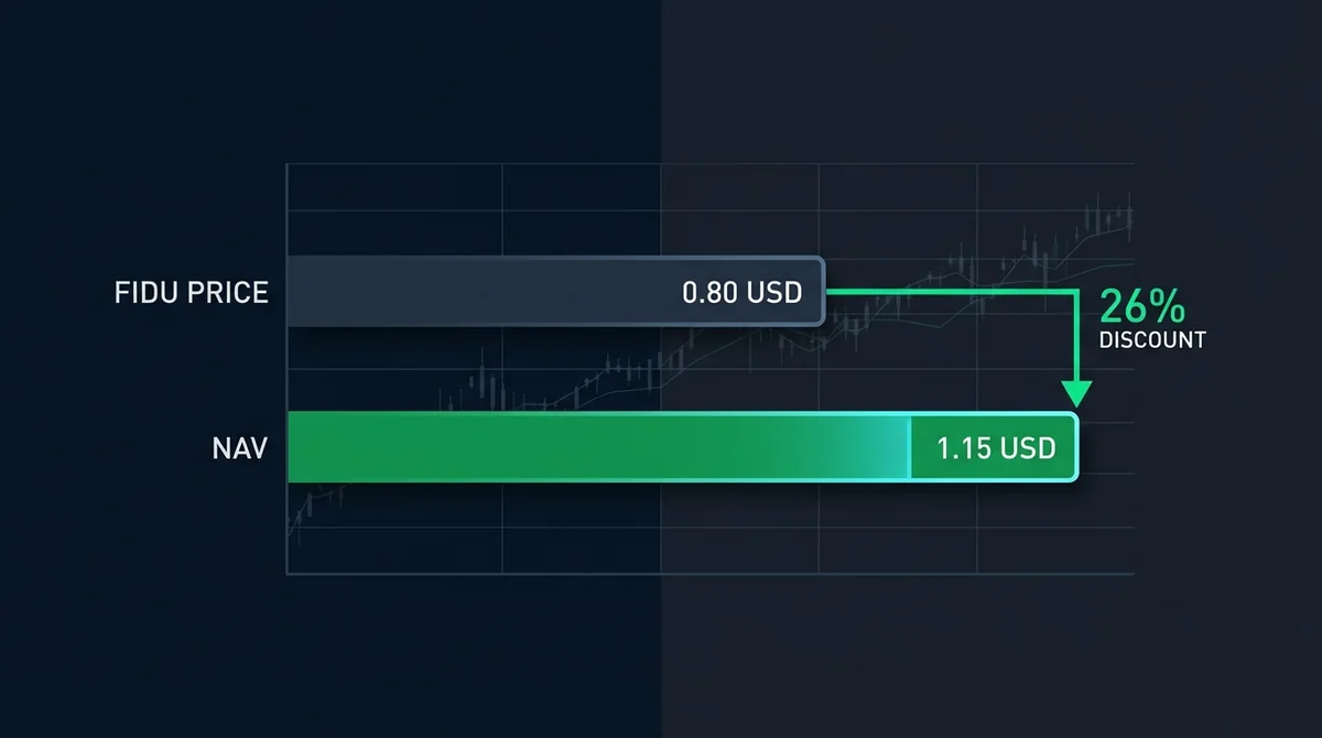 FIDU 代币在 Curve 的交易价格与协议净值对比横向柱状图,标注 0.80 美元、1.15 美元及约 26% 折价