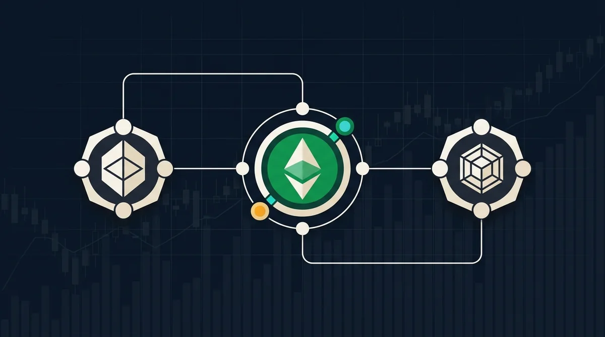 核验买入 USDT 与法币入金链路的流程示意图,三个抽象节点表示身份认证、订单核验、链上确认,用简洁连线与绿色高光串联,最多两个英文短标签