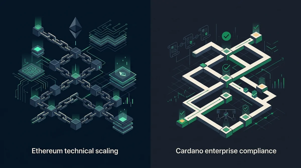 深色横向信息图:以图形关系总结以太坊与 Cardano 两条路径差异,左侧抽象链节点表示技术扩展,右侧企业合规网络表示采用路径,中间虚线分隔,留白干净