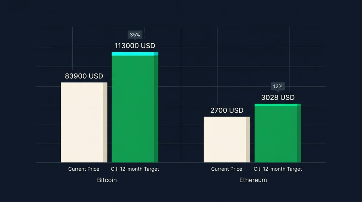 横向分组柱状图对比比特币和以太坊的当前价格与花旗12个月目标价,并用百分比标注隐含上涨空间;深色背景,绿色高光标出目标价柱