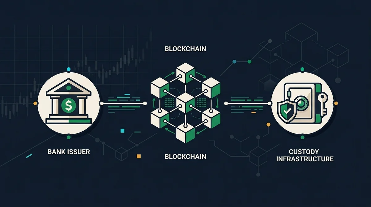 Roughrider Coin 发行链路示意图：三个抽象节点分别代表发行方银行、区块链网络和托管基础设施，通过线条连接，绿色强调链上节点，无文字标签