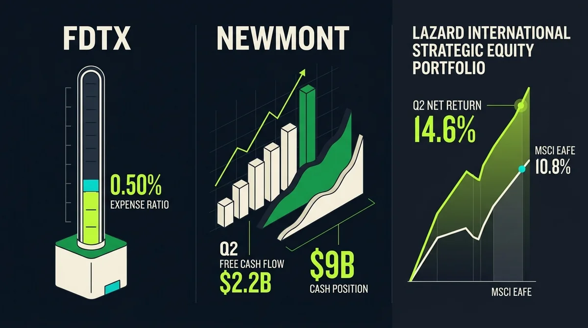 竖版关键数据信息图：汇总FDTX、Newmont、Lazard三个标的的核心数据，近黑底，霓虹绿高亮