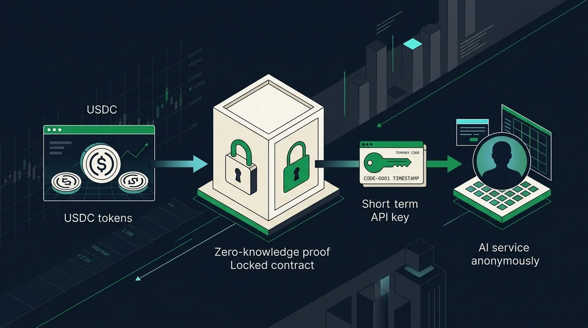 zkAPI 匿名支付流程示意图：USDC 进入零知识证明锁合约后输出短期 API 密钥，用户匿名访问 AI 服务；深海军蓝与炭黑底，隐私锁与密钥为主焦点，绿色强调，零文字或最多两个英文短标签，无中文