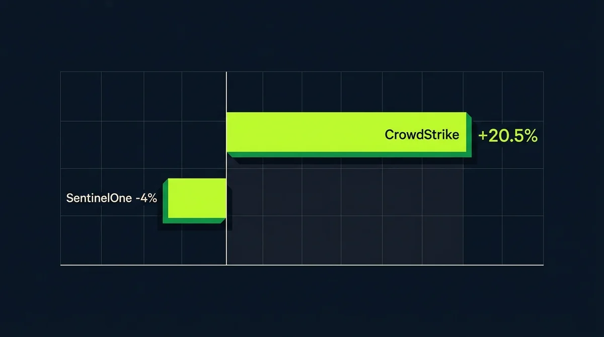 横向柱状图对比网络安全股单日涨跌幅:CrowdStrike +20.5% vs SentinelOne -4%