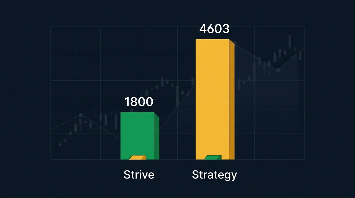 Strive 与 Strategy 8月底买入比特币数量对比柱状图，两个柱子分别标注买入数量，英文标签仅保留主体名，数字标注于柱顶