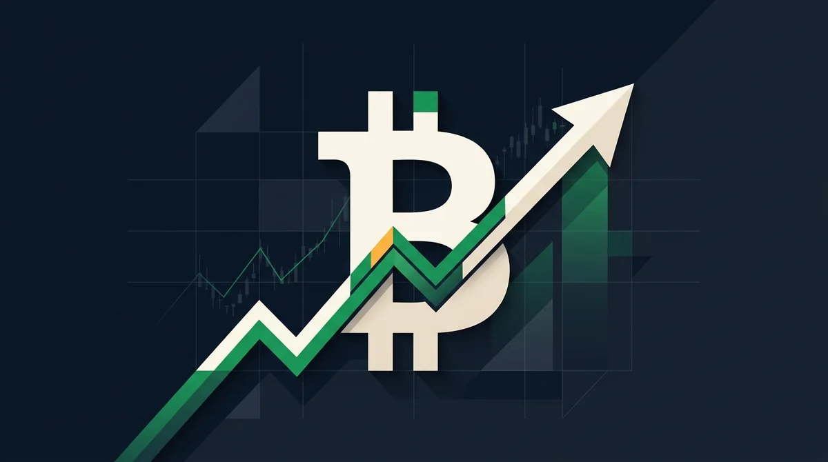 深海军蓝财经编辑封面：抽象比特币符号融合行情曲线与机构交易几何元素，绿色高光强调价格波动韧性，不包含任何文字、字母、数字、Logo、网址或水印